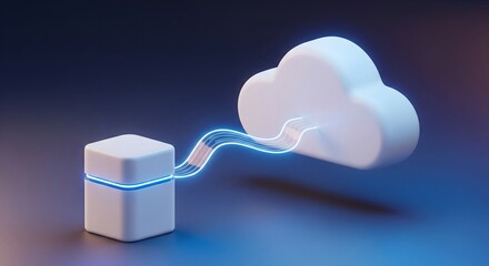 3D illustration of cloud computing network connection between a minimal server box and a data cloud symbol with glowing cables on a dark background.