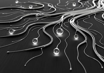 Monochrome Abstract with Luminous Spheres and Flowing Metal Strands