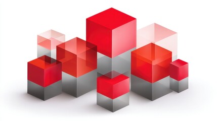 Obraz premium Abstract composition of transparent and solid cubes in varying sizes featuring red and gray colors on a white background for modern design concepts