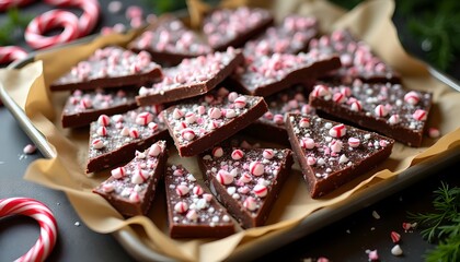 Festive dark chocolate peppermint bark broken into shards and topped with crushed candy canes on a baking sheet.