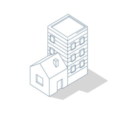 Fototapeta premium Isometric drawing of a house attached to a tall building.