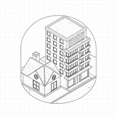 Fototapeta premium Isometric drawing of a house next to a modern apartment building.