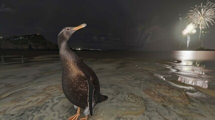 Young Penguin Standing on Beach at Night with Fireworks in Sky