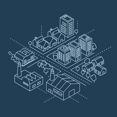 Fototapeta premium Isometric illustration of a modern city with industrial buildings and skyscrapers.