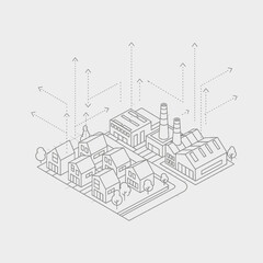Isometric illustration of urban development and industrial growth.
