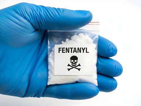 poker hand with poker chips, Blue gloved hand holds clear plastic bag with white powder labeled fentanyl and skull hazard symbol. This drug is a dangerous opioid linked to overdose deaths. 