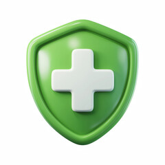 Fototapeta premium 3D cartoon green shield with white medical cross, healthcare protection icon isolated on transparent background.