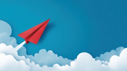 A vibrant red paper airplane soars into a gradient blue sky with rounded white clouds,