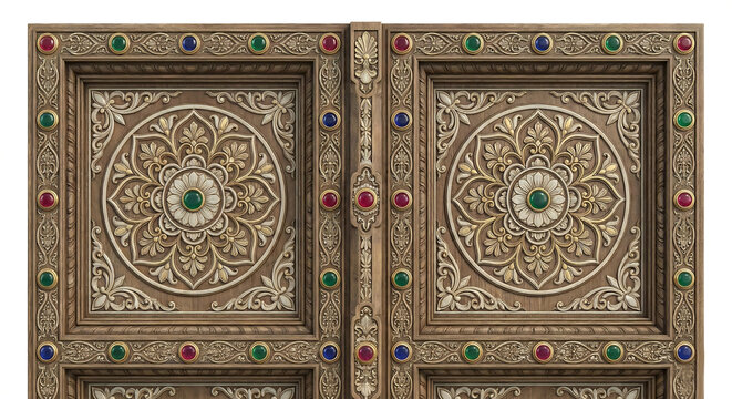 Detailed Wooden Door with Colorful Gemstones and Floral Carvings carved ornate isolated on a transparent background