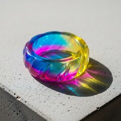 Translucent Ring with Vibrant Color Gradients Casting Shadow on Stone Surface