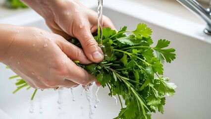 Thoroughly washing fresh herbs under a stream of clean running water