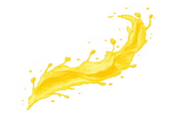 Yellow liquid splash creating dynamic motion, vibrant fresh juice or paint flowing with droplets, transparent background