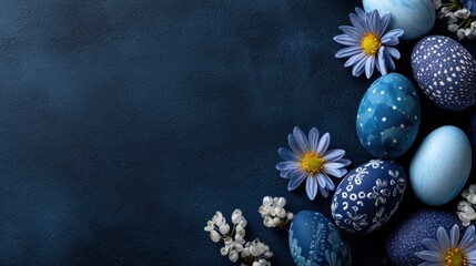 Easter eggs in various shades of blue and decorated patterns sit next to small flowers on a dark blue background. This scene captures spring festivities and colors.