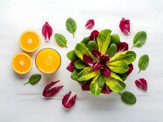 Vibrant salad composition with citrus and greens on a white wooden table