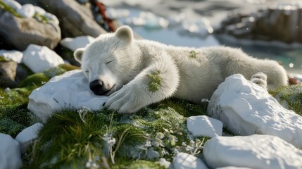 Young Sleeping Polar Bear Cub Resting on Snowy Rocks in Arctic Landscape