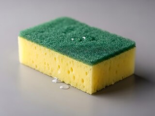 Wet rectangular sponge for cleaning with yellow and green layers