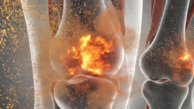3D animated representation of a human knee joint experiencing inflammation and pain, with glowing orange particles emanating from the cartilage and bone structures, perfect for medical explainer video