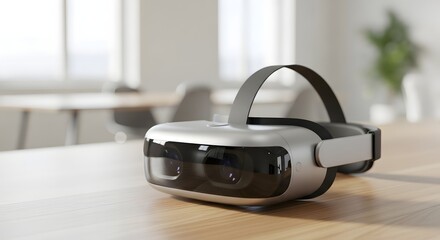 Sleek AR headset on an office desk, illustrating the future of immersive technology and virtual reality concept