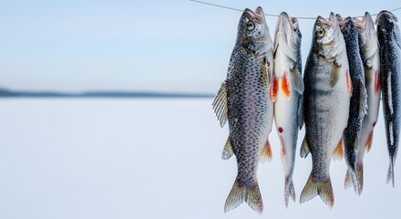 Freshly caught fish hanging on a winter line, covered in frost against a snowy landscape, depicting a successful outdoor lifestyle concept.