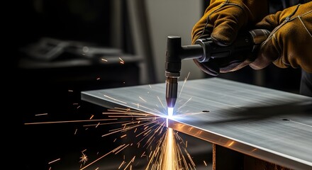 Worker using a plasma torch for cutting aluminum with intense sparks, demonstrating a powerful industrial manufacturing concept
