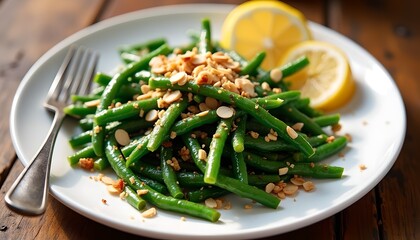 Healthy green beans almondine topped with toasted slivered almonds and fresh lemon slices on a white plate.