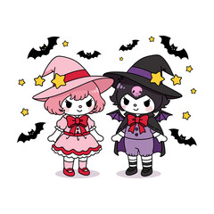 Cute Halloween Witch Illustration ,Adorable Kawaii Cartoon Character in Pink and Purple Costume with Bat and Stars