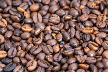 Naklejka premium Ideal espresso shot display, Highquality glossy coffee beans for barista commercial use, Closeup shot of glossy dark roasted coffee beans perfect for advertising and branding