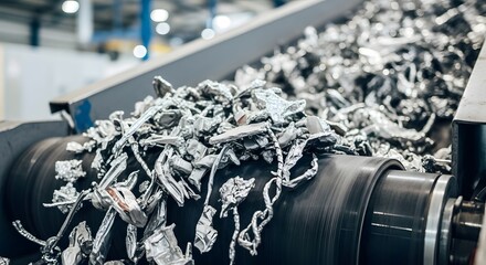 Shiny aluminum scraps moving along a modern factory conveyor belt for a sustainable industrial recycling concept in a clean manufacturing environment