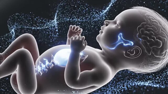 A detailed 3D render of a human fetus, translucent with glowing blue neural activity visible in the brain and central nervous system, depicted against a dark, ideal for medical, scientific video.