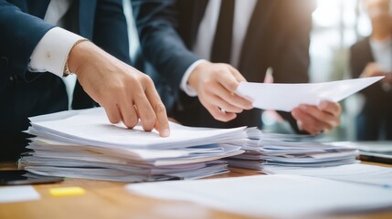 HR manager meticulously reviewing complaint files in a well-organized office setting, emphasizing the importance of fairness and thoroughness in workplace conflict resolution. 