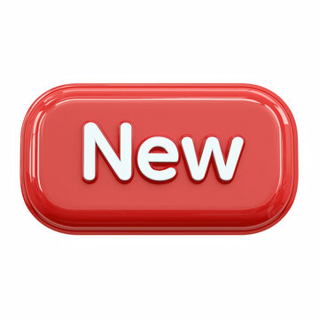3D red new label badge button with white text, isolated on transparent background.