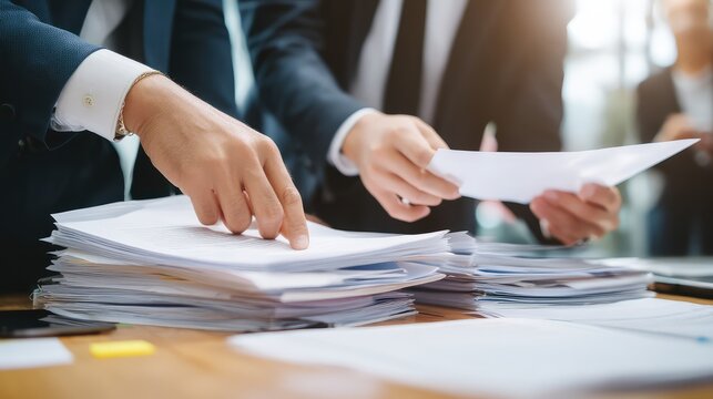 HR manager meticulously reviewing complaint files in a well-organized office setting, emphasizing the importance of fairness and thoroughness in workplace conflict resolution. 