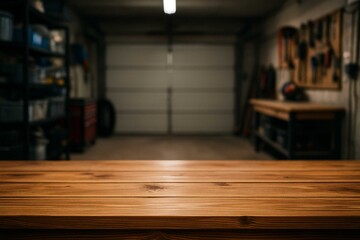 wooden top table with blurry background garage