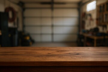 wooden top table with blurry background garage