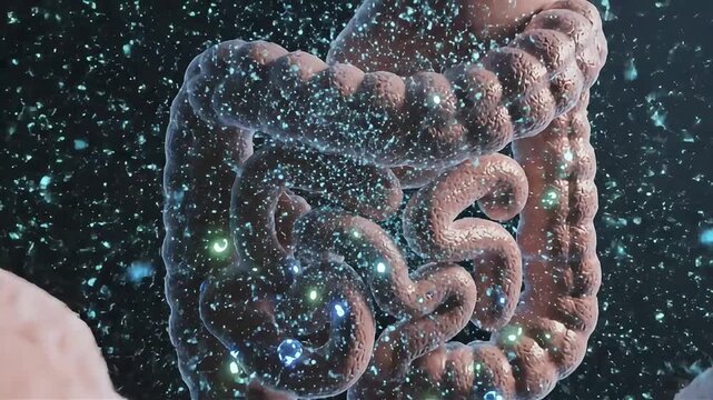 Detailed 3D animation of human intestines with glowing blue particles representing active probiotics or nutrient absorption, ideal for medical education, health product advertisements, and scientific 