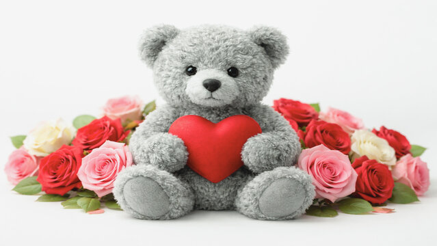 Cute grey teddy bear holding a red heart sitting in front of a bouquet of colorful roses, symbolizing love and affection.