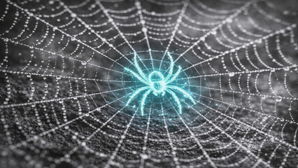 Obraz premium Illuminated neon spider sitting inside a sparkling web covered with morning dew, blending realism with fantasy light effects.