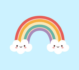 Obraz premium Colorful rainbow between two cute smiling clouds with rosy cheeks, flat vector illustration for kids room decor and nursery art