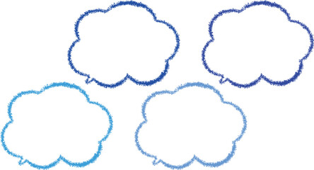 Fototapeta premium 青系のクレヨンで描いた吹き出しセット。雲の形をしたかわいい手描き風のふきだし。青系の異なる色が4色ある。