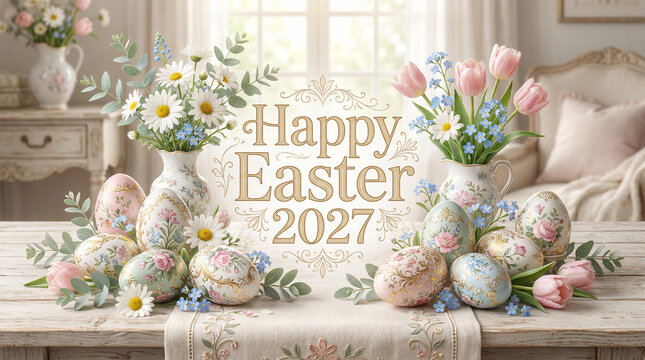 Happy easter 2027 greeting with spring flowers and decorated eggs