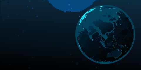 A pixelated earth illustration against a dark blue starry space background