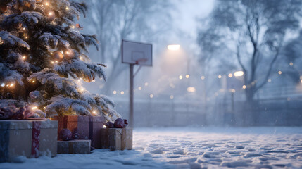 Christmas tree closeup with gifts on snowy basketball court, basketball hoop in background. Concept of resting basketball sport during Christmas time.