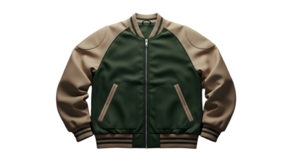 Green and beige jacket with zipper and pockets isolated on transparent background
