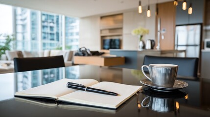 Smart business open book on conference table in modern office with blurred city view and soft lighting conveying focused professional atmosphere