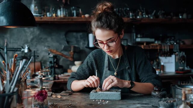 Young female jeweler working on intricate jewelry piece in a dimly lit, rustic workshop setting, 4k high quality footage