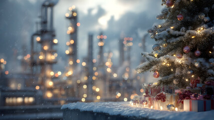 Christmas tree branches with gifts on snowy oil refinery site, towers in background. Concept of blend between industry and Christmas celebration.
