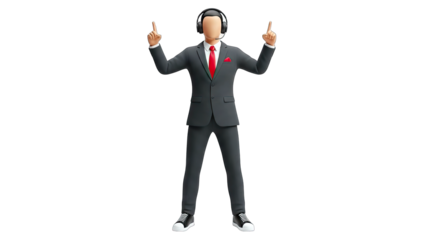 Businessman pointing up with headset on white background