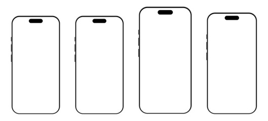 Smartphone frame mockup vector set with different notch styles and bezel designs including modern mobile screen outline template for UI UX and app