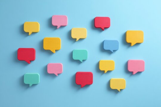 A vibrant collection of colorful speech bubbles, rendered with a subtle texture, are scattered across a serene light blue background. The assortment includes shades of red, pink, yellow, light blue, a