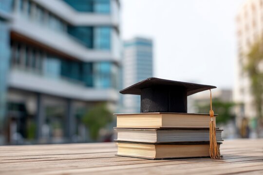 A classic black graduation cap with a vibrant golden tassel rests proudly atop a neat stack of scholarly books on a rustic wooden surface. The composition beautifully symbolizes the culmination of ded